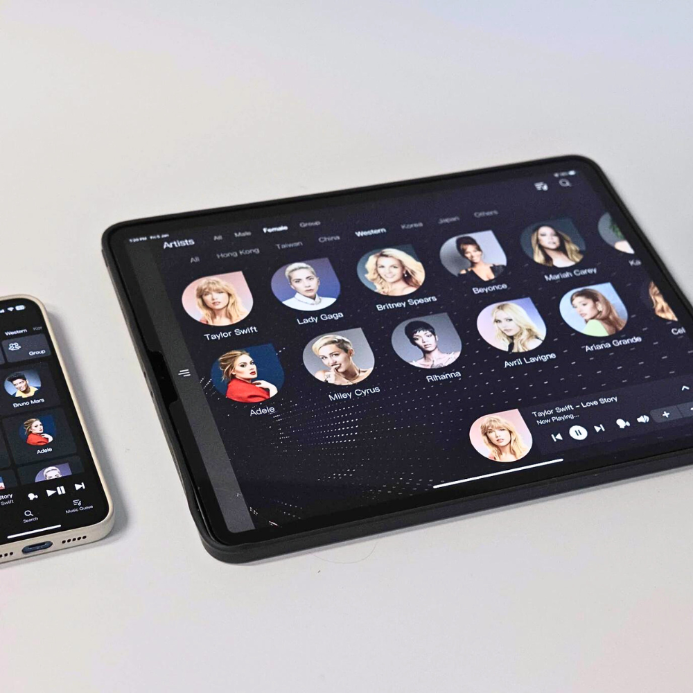 ISEE karaoke app on tablet and smartphone showing artist selection