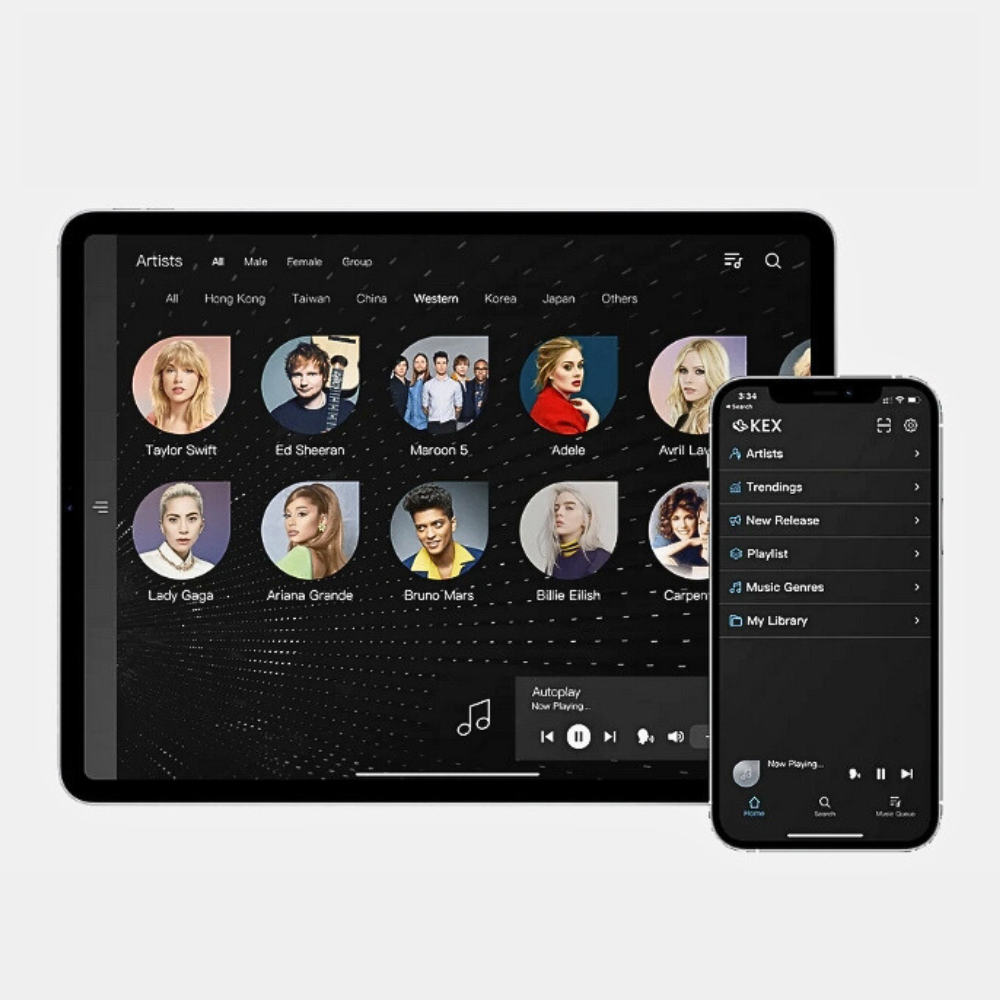 ISEE app interface with comprehensive artist library and music controls